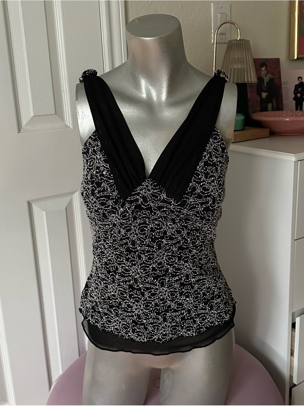 Dressbarn Black & Silver Shimmery Floral Pattern Mesh Top